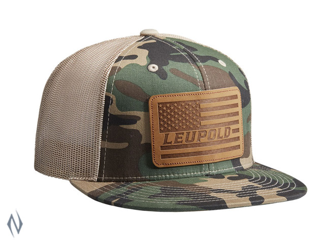 LEUPOLD #511 LEATHER FLAG FLAT BILL TRUCKER CAP CAMO / KHAKI OS Image